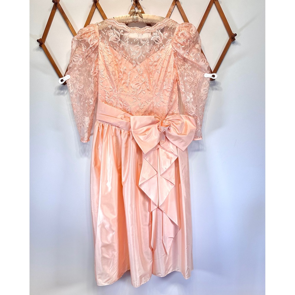 Vintage 80s Peach Pink Lace Puff Sleeve Bow Princess Prom Formal Dress Large